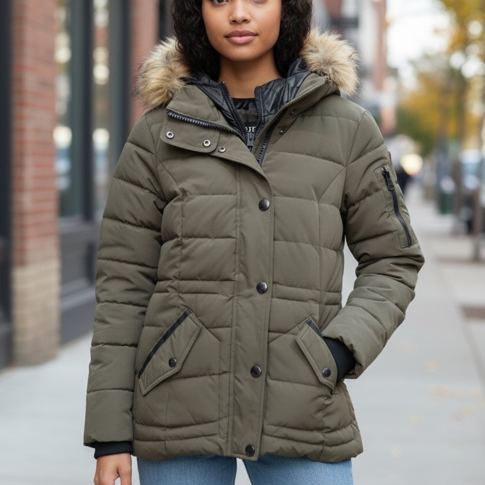 Guess Olive Quilted Puffer Jacket with Faux Fur Trim